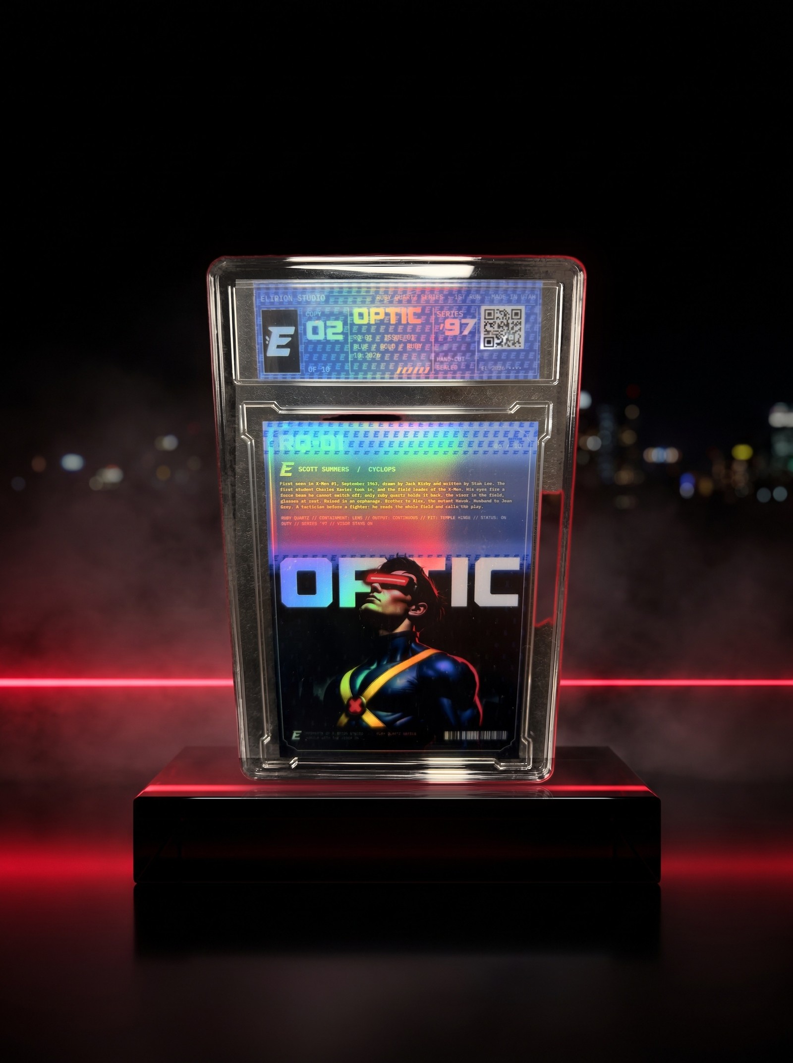 OPTIC, sealed in its slab, on black glass under a ruby beam